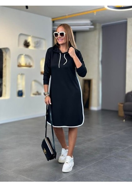 Kadın Uzun Kollu Kapüşon ve Ribana Detay Diz Üstü Elbise modelleri