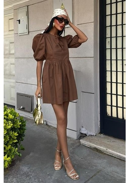 Önü Fiyonk Bağlamalı ve Balon Kollu Elbise 2893 indirimleri