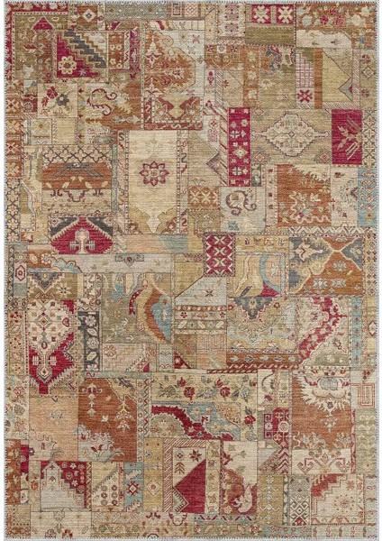 Salamanca Patchwork Bej Polyester ve Pamuklu Yıkanabilir Kaydırmaz Taban Dijital Baskı Halı