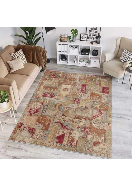 Salamanca Patchwork Bej Polyester ve Pamuklu Yıkanabilir Kaydırmaz Taban Dijital Baskı Halı fiyatları