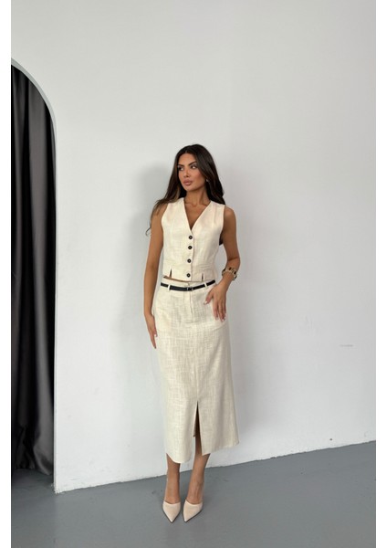 Yelek-Önden Yırtmaçlı Etek Tk Şantuk Keten - Ham