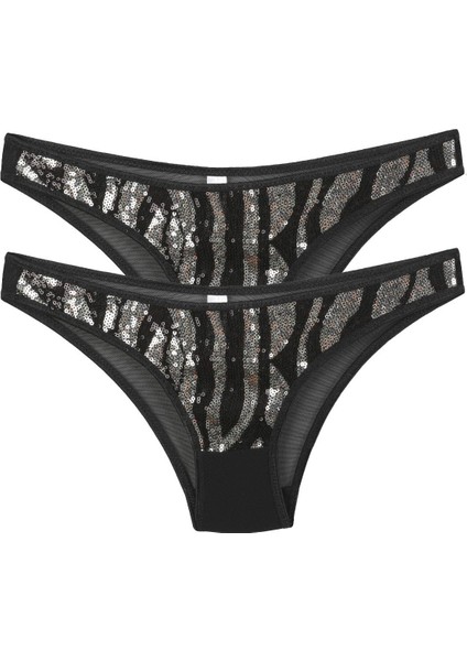 Kadın Siyah Zebra Desenli Payetli 2'li Slip