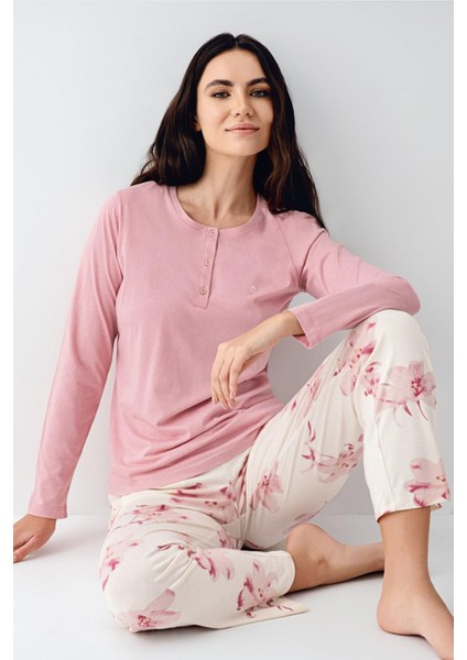 Paris Büyük Beden Kadın Gül Desenli Modal Pamuklu Düğmeli Uzun Kollu Pijama Takım