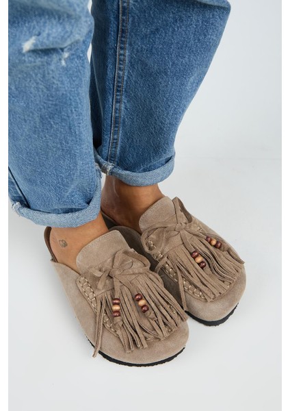 Malinda Kadın Hakiki Deri Püsküllü Boncuk Detaylı Sabo Vizon Terlik modelleri