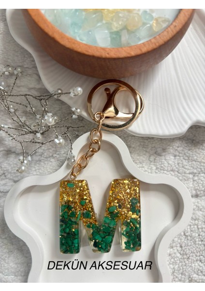 M Harfi Epoksi Yeşil Gold El Yapımı Anahtarlık