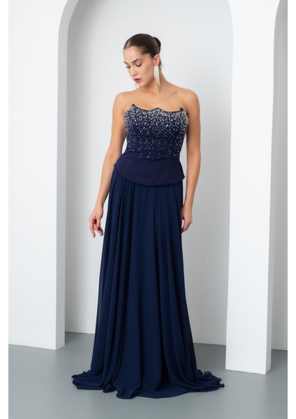 Kadın Lacivert Straplez Taşlı Uzun Tül Abiye Elbise fiyatları