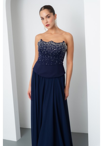 Kadın Lacivert Straplez Taşlı Uzun Tül Abiye Elbise modelleri