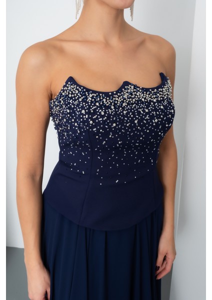 Kadın Lacivert Straplez Taşlı Uzun Tül Abiye Elbise indirimleri