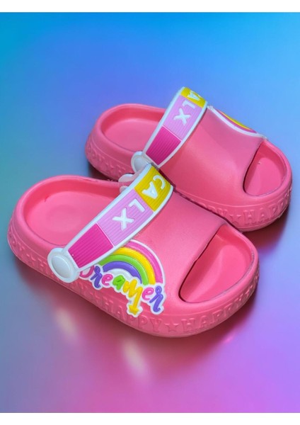 Çocuk Pudra Renk Figürlü Yeezy Önü Açık Kaydırmaz Sandalet Terlik