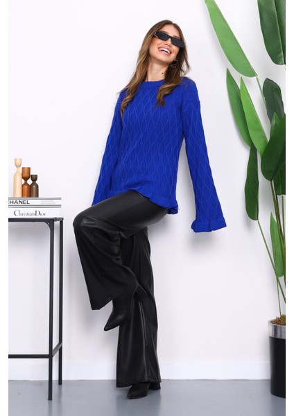 Saks Mavi Bel ve Kol Ucu Fırfırlı Triko Kazak fiyatları