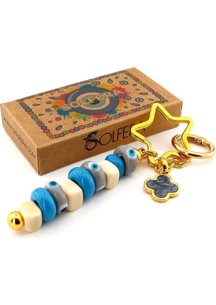 Orjinal Murano Cam Nazar Boncuklu Yıldız Çanta Süsü Charm Anahtarlık KY048