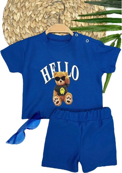 9-12-18-24 Ay Hello Gözlüklü Ayıcık Baskılı Şortlu Kısa Kollu Tişört 2li Erkek Bebek Takımı