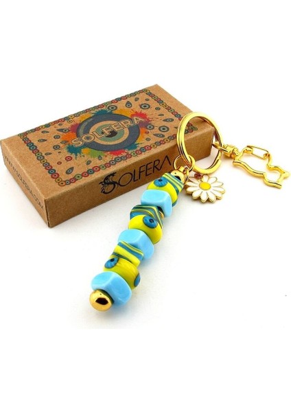 Sarı Mavi Murano Cam Nazar Boncuklu Çanta Süsü Papatya Charm Anahtarlık KY073