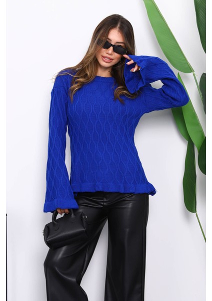 Saks Mavi Bel ve Kol Ucu Fırfırlı Triko Kazak modelleri