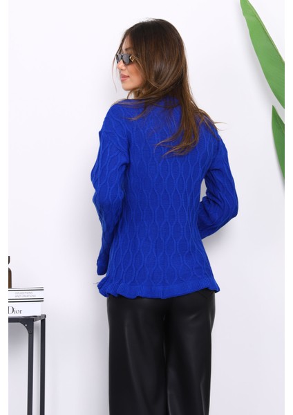 Saks Mavi Bel ve Kol Ucu Fırfırlı Triko Kazak fırsatları