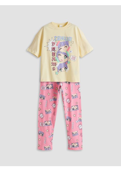 Yeni Sezon Bisiklet Yaka Anime Baskılı Kız Çocuk Pijama Takımı