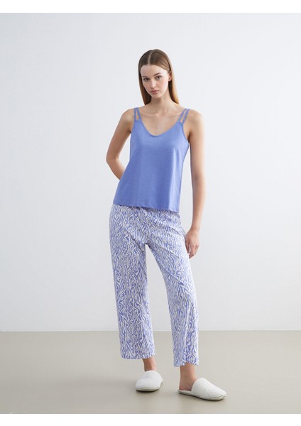 Yeni Sezon Beli Lastikli Desenli Kadın Kapri Pijama Altı