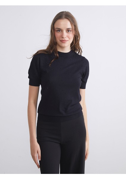 Yeni Sezon Bisiklet Yaka Taşlı Kadın Triko Kazak