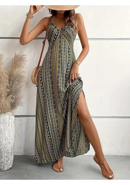 Kadın Ip Askılı Sırttan Çapraz Detaylı Yırtmaçlı Desenli Süprem Elbise