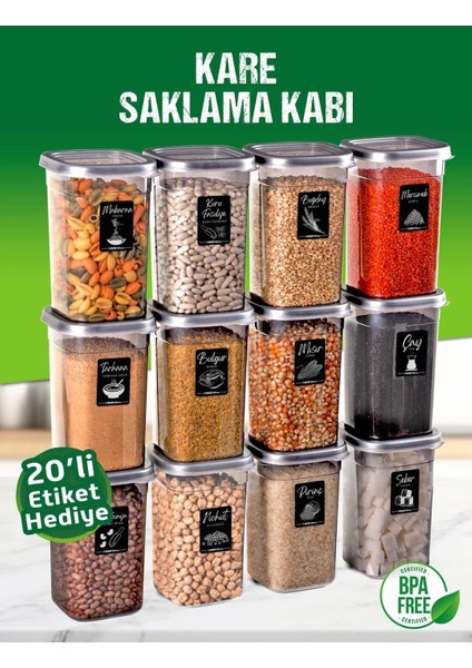 12 Adet 24 Parça 1,2 Litre Kare Erzak Bakliyat Saklama Kabı Seti Baharatlık 20 Adet Etiket Hediyeli fiyatları