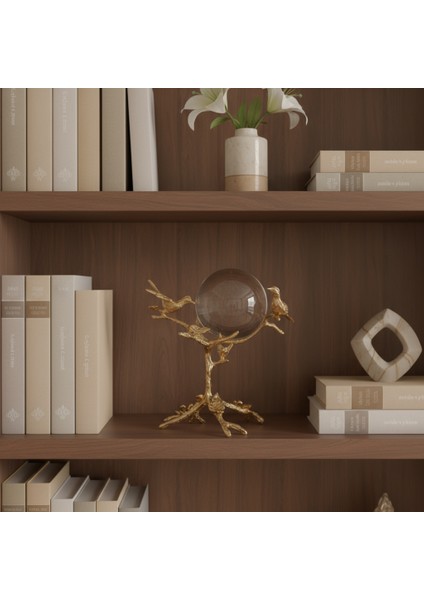 Gold Kuş Figürlü Kristal Küre Dekoratif Obje