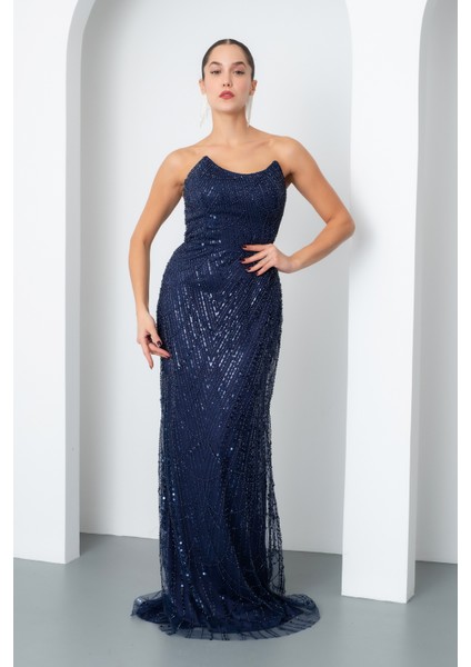 Kadın Lacivert Straplez Boncuklu Uzun Balık Abiye Elbise
