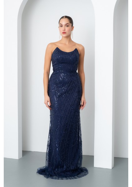 Kadın Lacivert Straplez Boncuklu Uzun Balık Abiye Elbise fiyatları