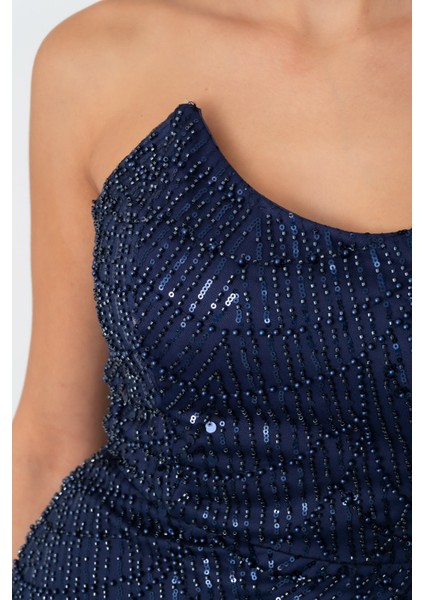 Kadın Lacivert Straplez Boncuklu Uzun Balık Abiye Elbise indirimleri