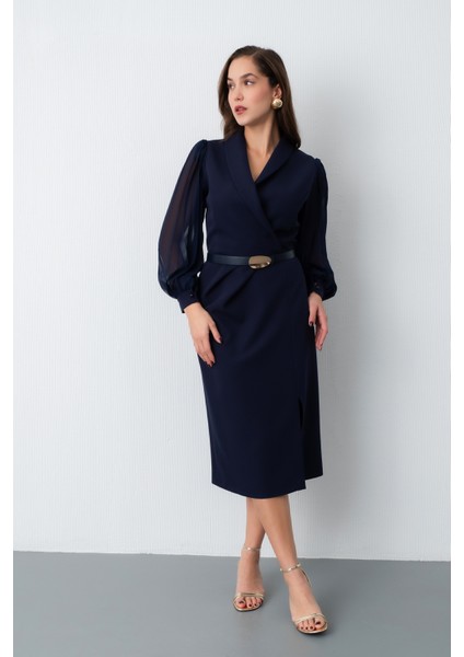Kadın Lacivert Kemerli Midi Abiye Elbise