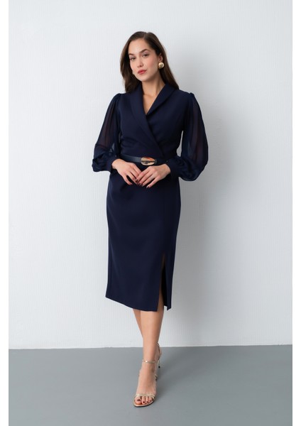 Kadın Lacivert Kemerli Midi Abiye Elbise fiyatları