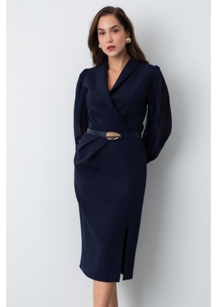 Kadın Lacivert Kemerli Midi Abiye Elbise modelleri