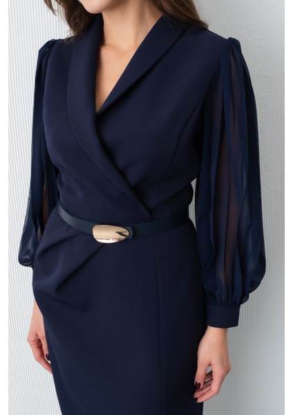 Kadın Lacivert Kemerli Midi Abiye Elbise indirimleri