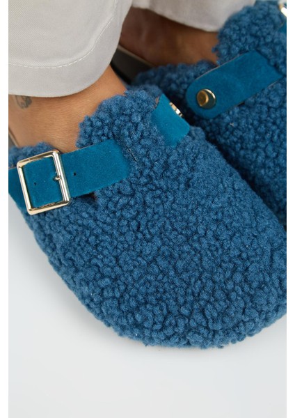 Suzen Teddy Kadın Kürklü Hakiki Deri Kemerli Tokalı Gece Mavisi Terlik modelleri