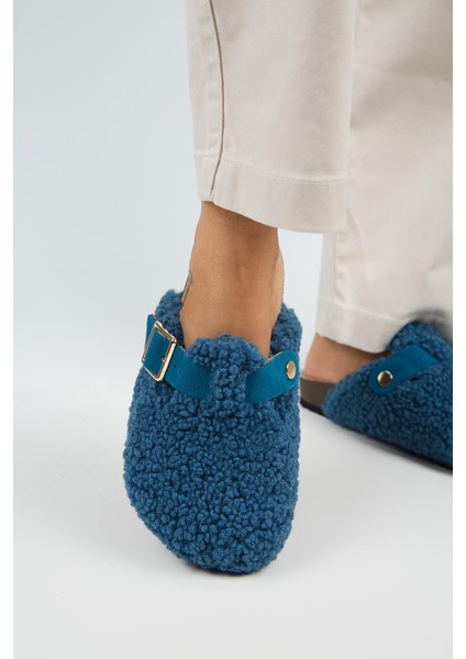 Suzen Teddy Kadın Kürklü Hakiki Deri Kemerli Tokalı Gece Mavisi Terlik indirimleri