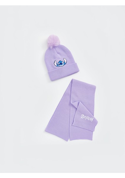 Yeni Sezon Stitch Nakışlı Kız Çocuk Bere ve Atkı Seti
