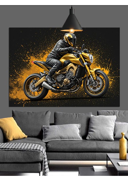 Karanlıkta Hızla Giden Motosiklet Sürücüsü Dekoratif Kanvas - Mdf Ahşap Tablo