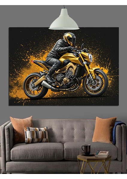 Karanlıkta Hızla Giden Motosiklet Sürücüsü Dekoratif Kanvas - Mdf Ahşap Tablo fiyatları