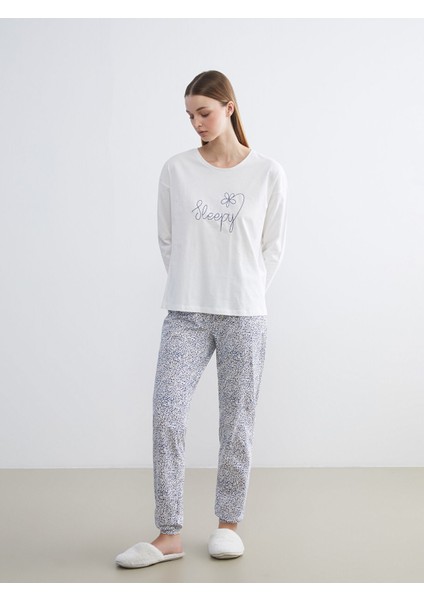 Yeni Sezon Bisiklet Yaka Baskılı Kadın Pijama Takımı