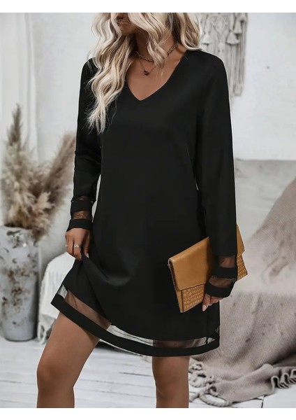 Kadın Uzun Kollu V Yakalı Şeritli Tül Detaylı Ithal Krep Elbise