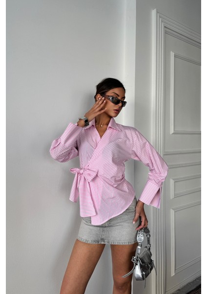 Çizgili Poplin Kruvaze Bağlamalı Gömlek - Pembe
