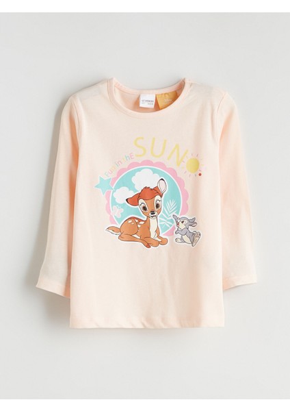 Yeni Sezon Bisiklet Yaka Bambi Baskılı Kız Çocuk Pijama Üst
