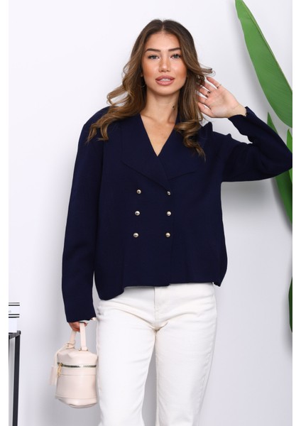 Lacivert Kruvaze Yaka Düğmeli Triko Hırka