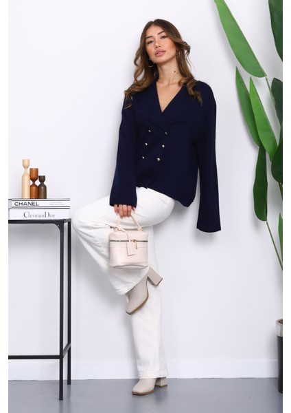 Lacivert Kruvaze Yaka Düğmeli Triko Hırka fiyatları