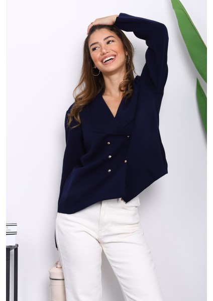 Lacivert Kruvaze Yaka Düğmeli Triko Hırka modelleri