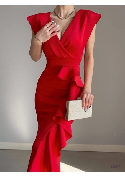 Kruvaze Yaka Volanlı Nikah Düğün ve Mezuniyet Elbisesi 582663-KIRMIZI