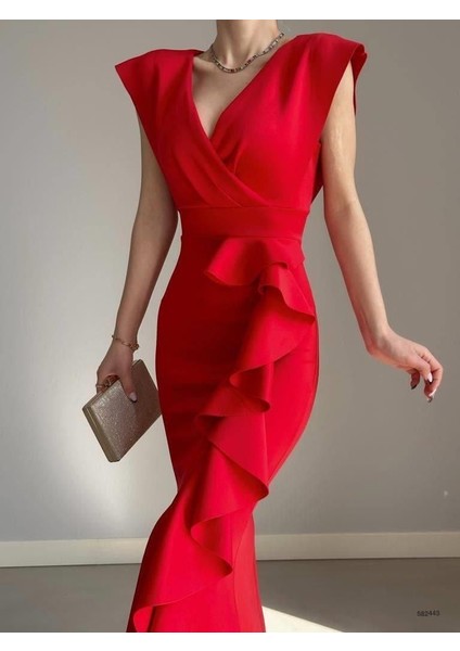 Kruvaze Yaka Volanlı Nikah Düğün ve Mezuniyet Elbisesi 582663-KIRMIZI fiyatları