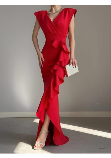 Kruvaze Yaka Volanlı Nikah Düğün ve Mezuniyet Elbisesi 582663-KIRMIZI modelleri