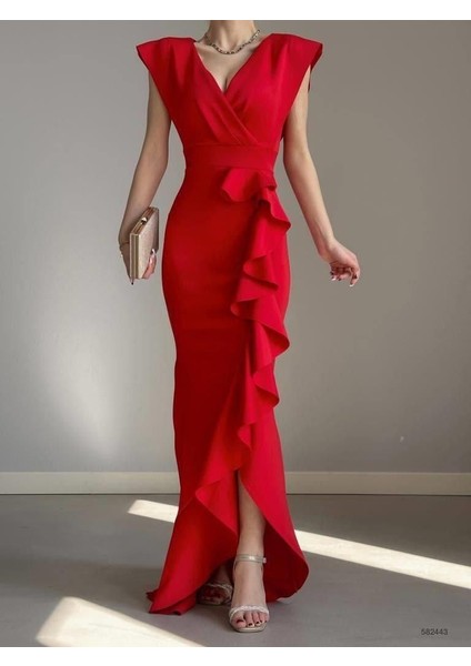 Kruvaze Yaka Volanlı Nikah Düğün ve Mezuniyet Elbisesi 582663-KIRMIZI fırsatları