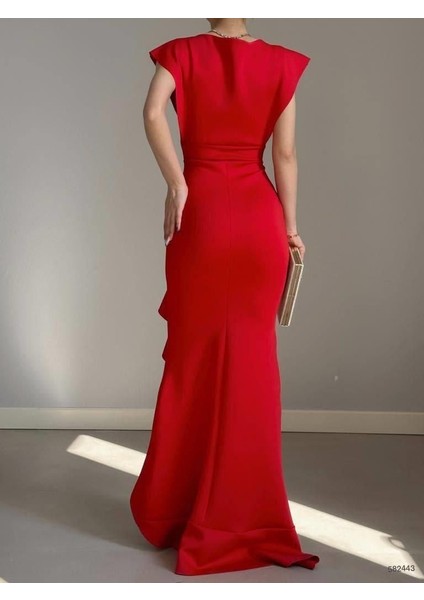 Kruvaze Yaka Volanlı Nikah Düğün ve Mezuniyet Elbisesi 582663-KIRMIZI indirimleri