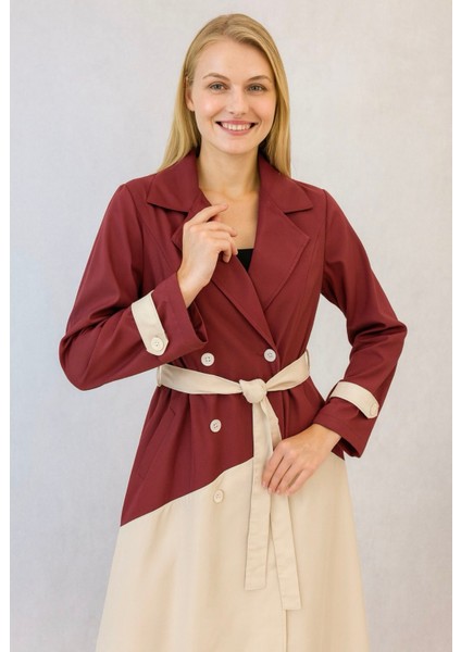 Kadın Bordo Bej Kontrast Kuşaklı Çift Düğmeli Trençkot